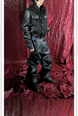 Black Wide-Leg Sanskrit Embroidered Leather Pants