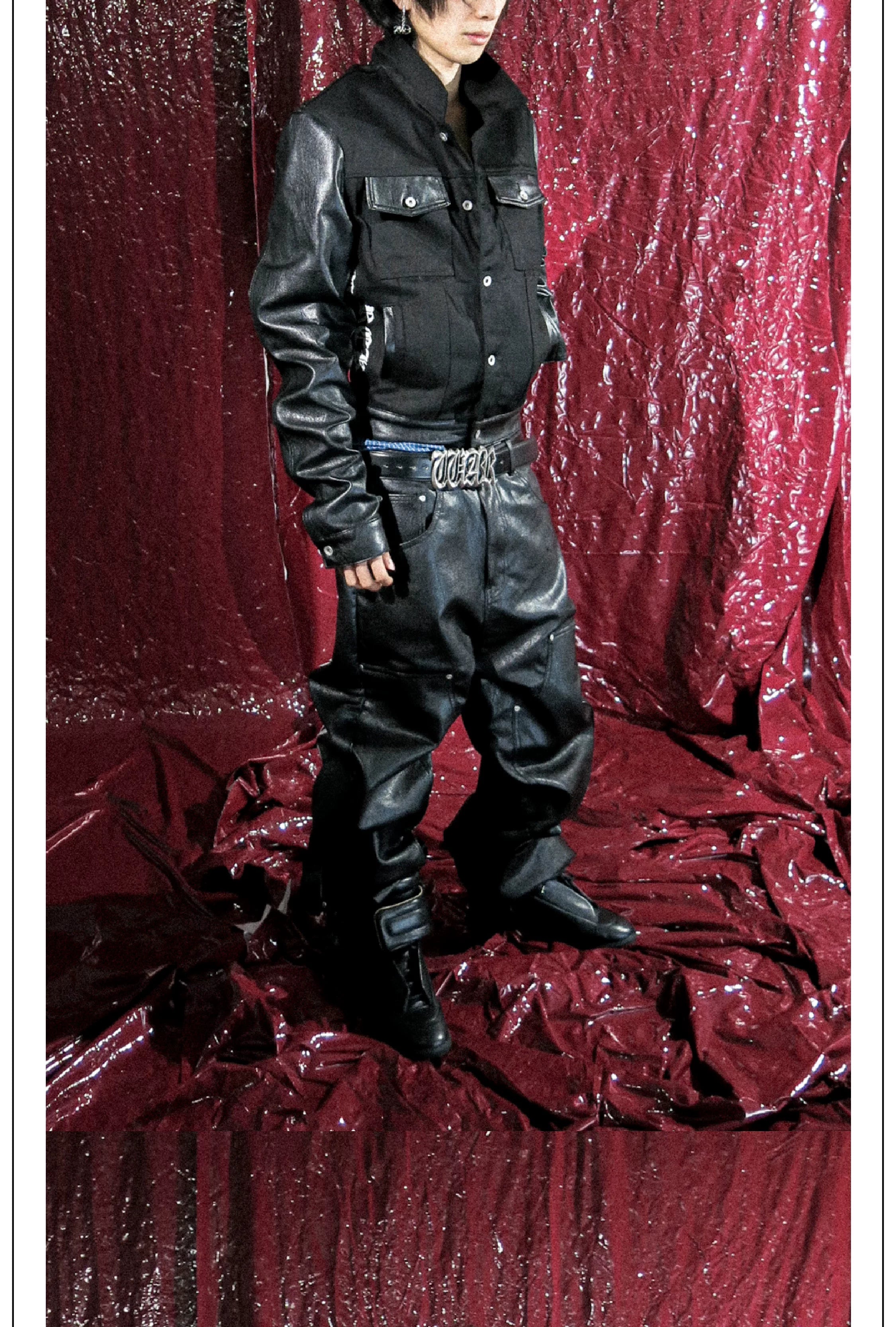 Black Wide-Leg Sanskrit Embroidered Leather Pants