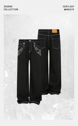 Heavyweight Floral Embroidered A-Line Denim Jeans
