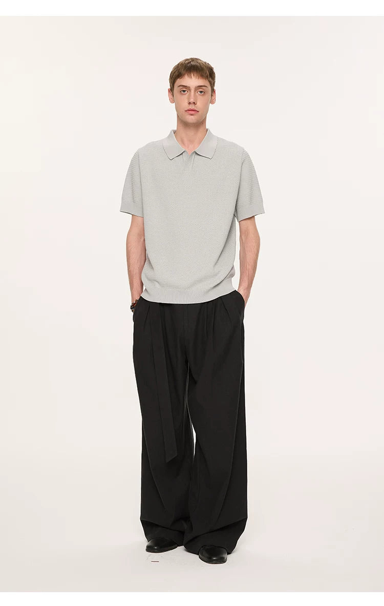 Wheat Jacquard V-Neck Knit Polo Tee