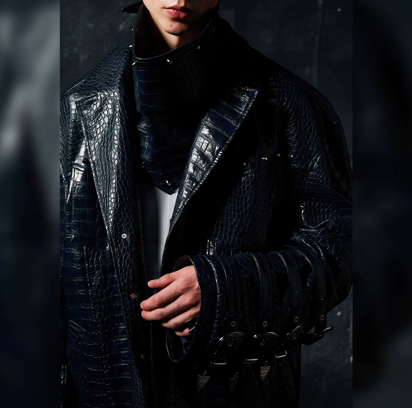 Two-Tone Metal Buckle Leather Trench Coat