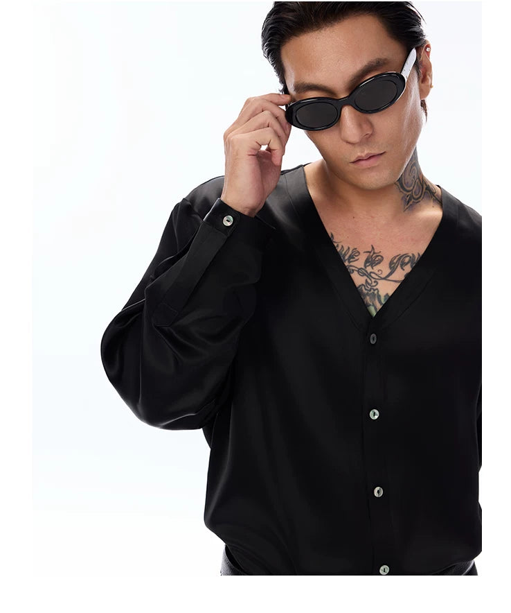 Satin V-Neck Acetate Long-Sleeve Shirt