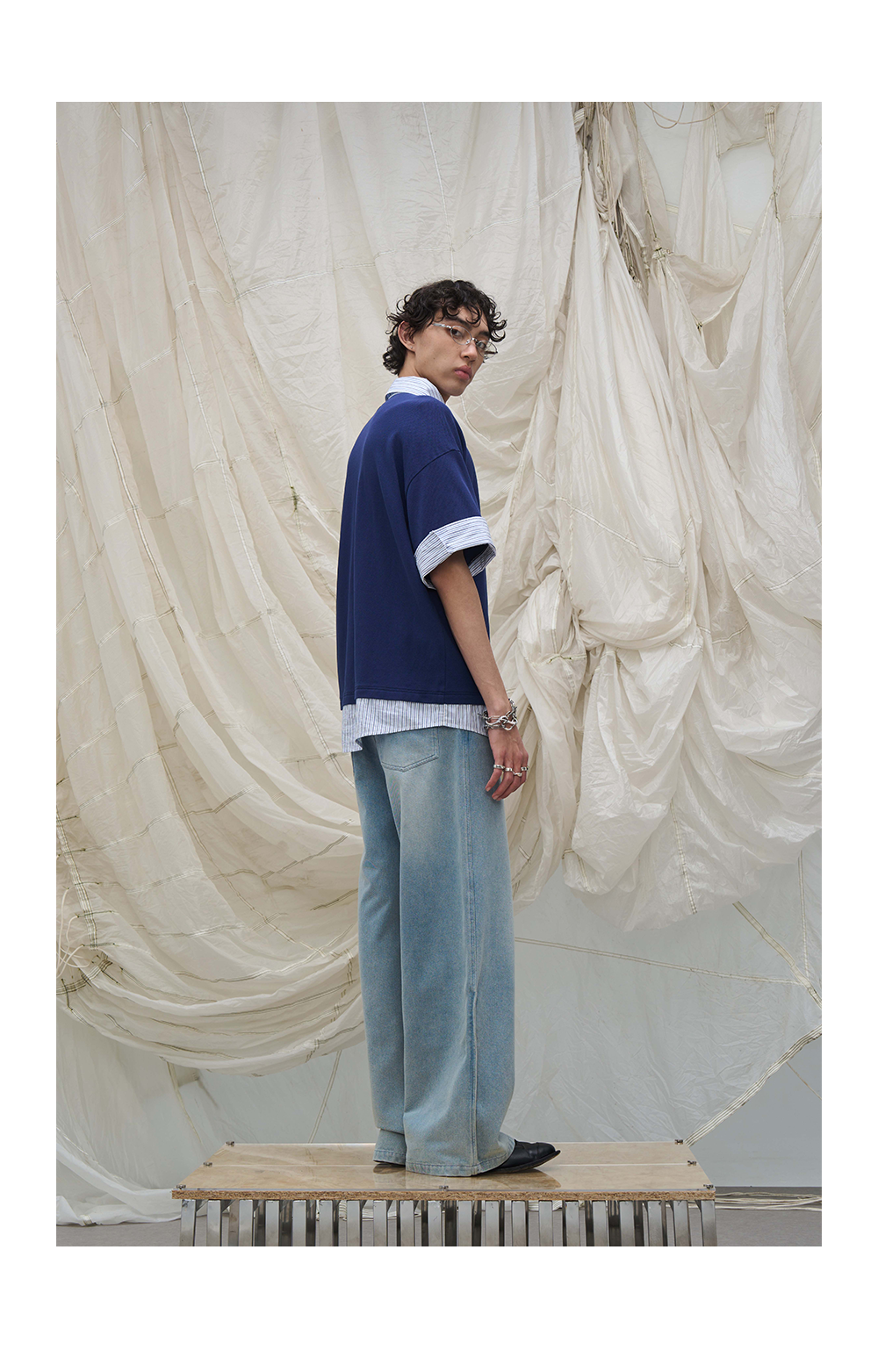 Washed Semi-Zip Relaxed Straight Leather-Patch Jeans