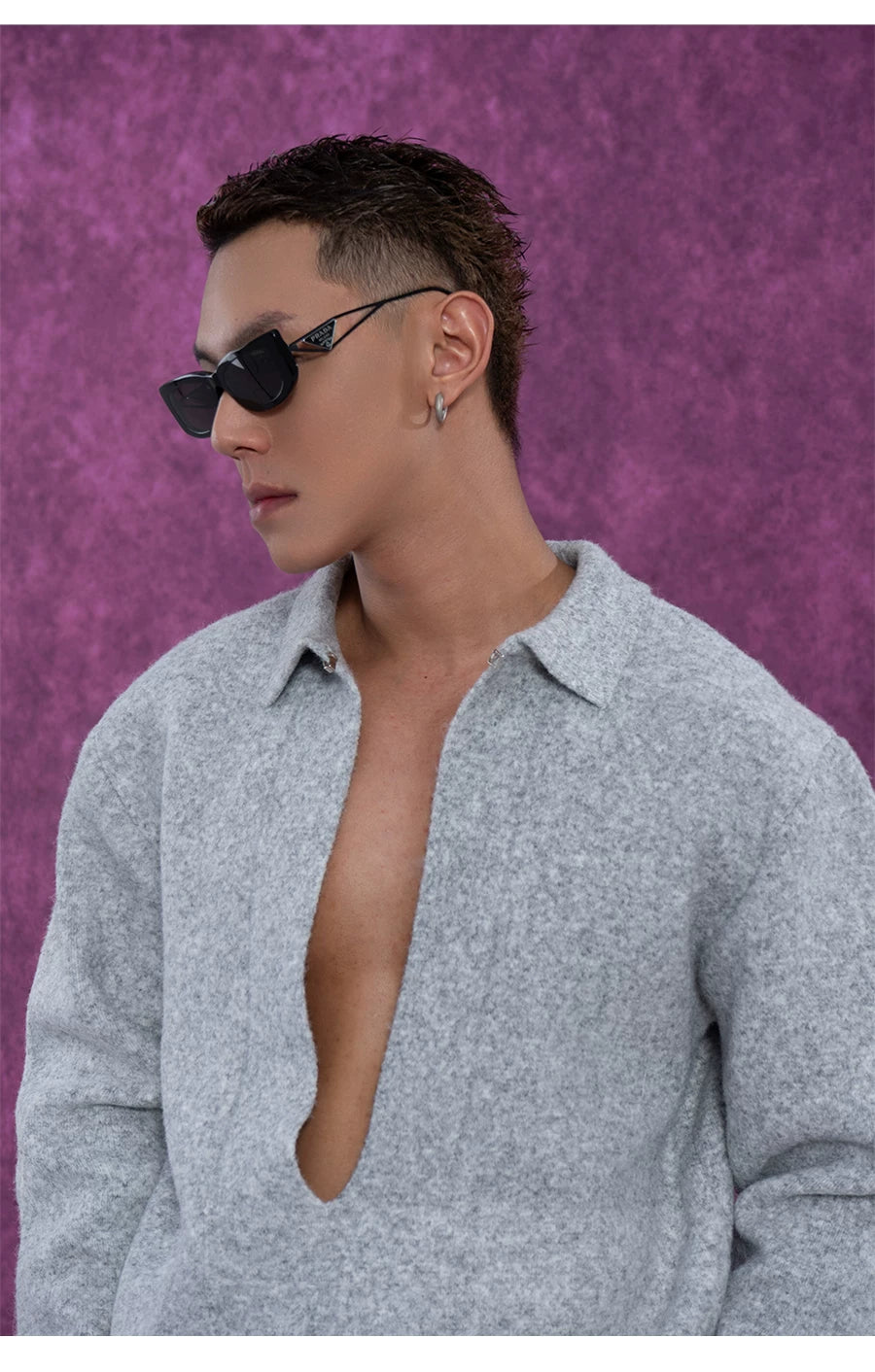 Long Charcoal V Neck Wool Sweater