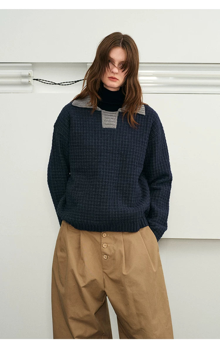 Color Block Collar Waffle Knit Sweater