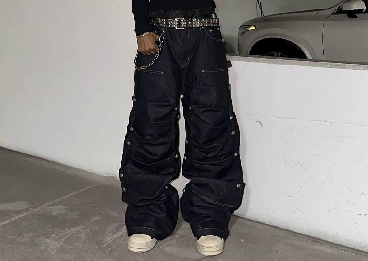 Studded Pleated Raw Lumberjack Denim Jeans