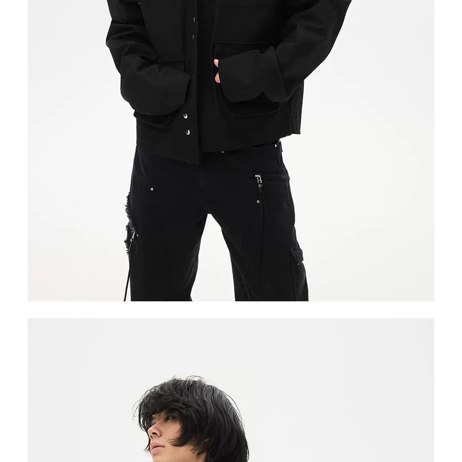Two-Tone Cropped Lace Pocket Magnetic Jacket
