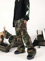Olive Camouflage Flared Zippered Denim Jeans