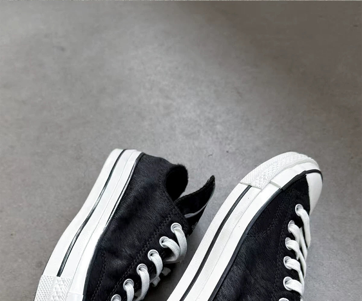 Black Leather Blend Vulcanized Tongue Sneakers