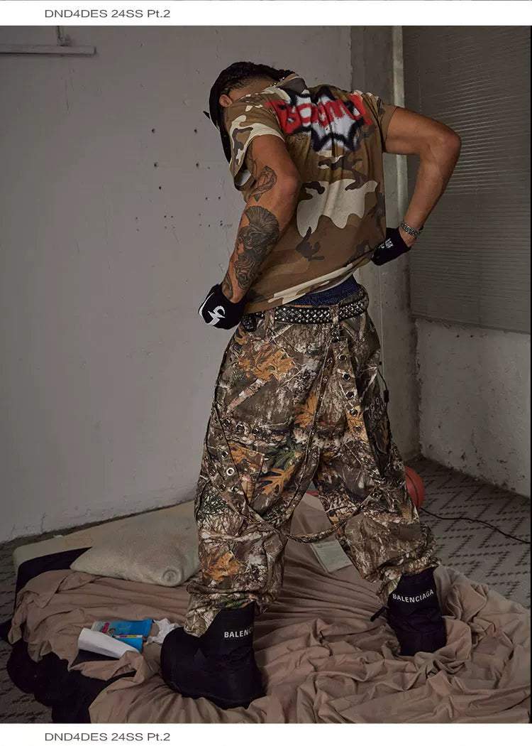 Detachable Bow Wide Leg Camo Pants