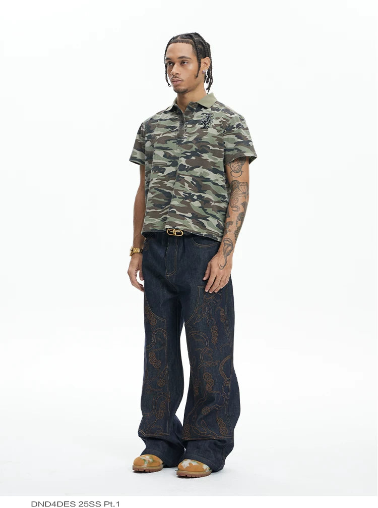 High-Density Embroidery Flared Raw Denim Jeans