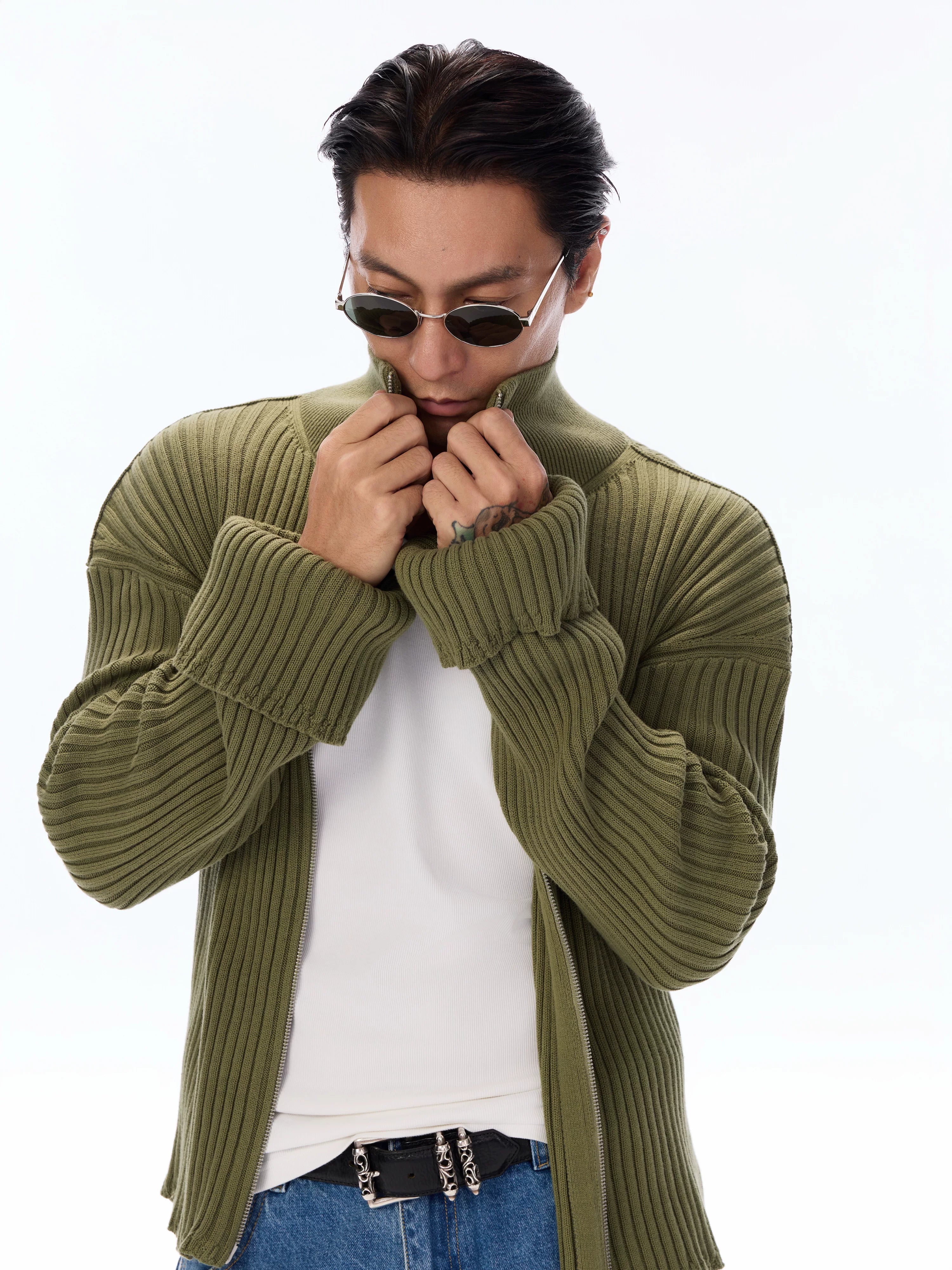 Cotton Ribbed Double Zipper Cardigan