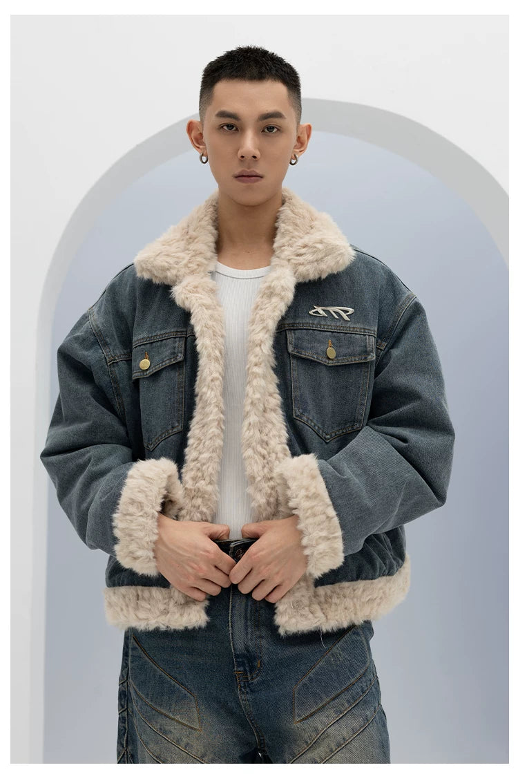 Unisex Vintage Faux Shearling Denim Puffer