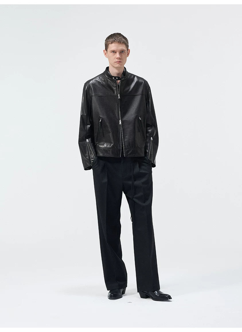 Short Stand Collar Cowhide Leather Jacket