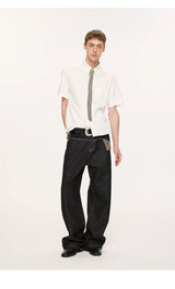 Striped And Houndstooth Short-Sleeved White Shirt