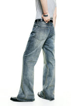 Casual Slub Distressed Flared Denim Pants