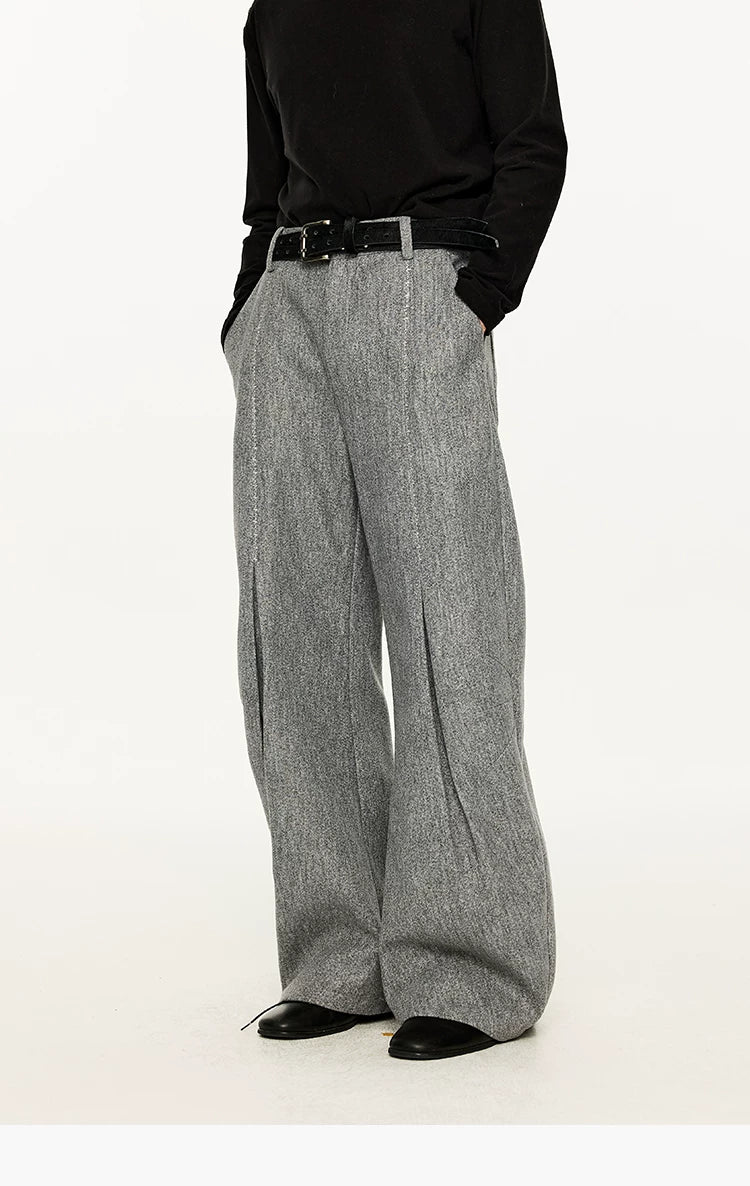 Men's Embroidered Curved Pleated Woolen Pants