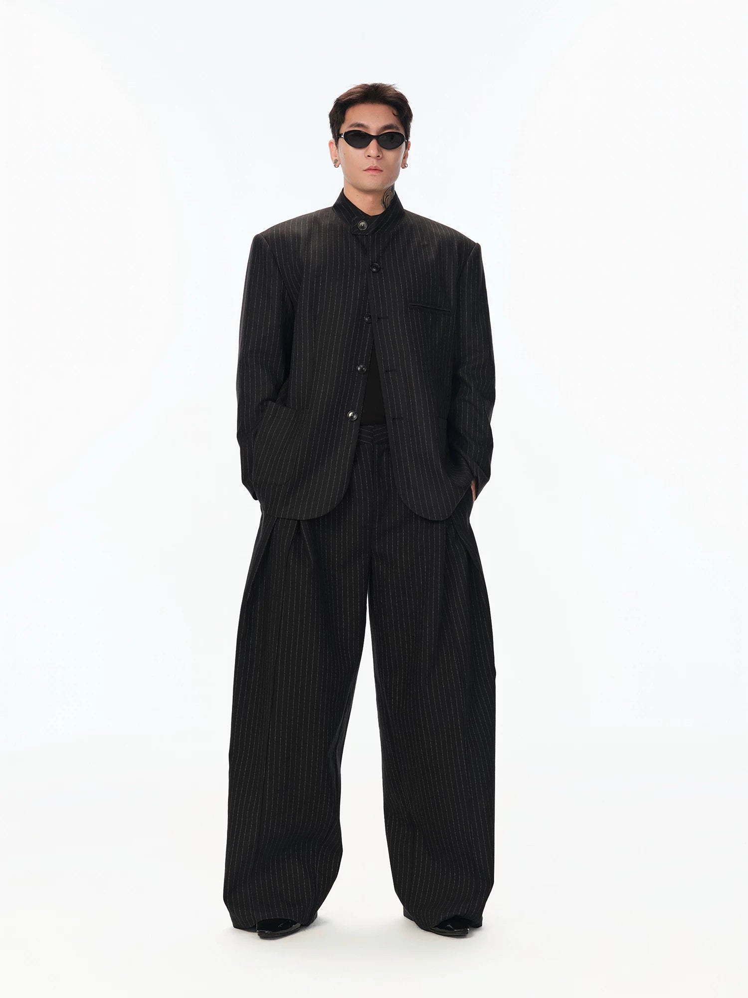 Black Striped Wool Stand Collar Blazer