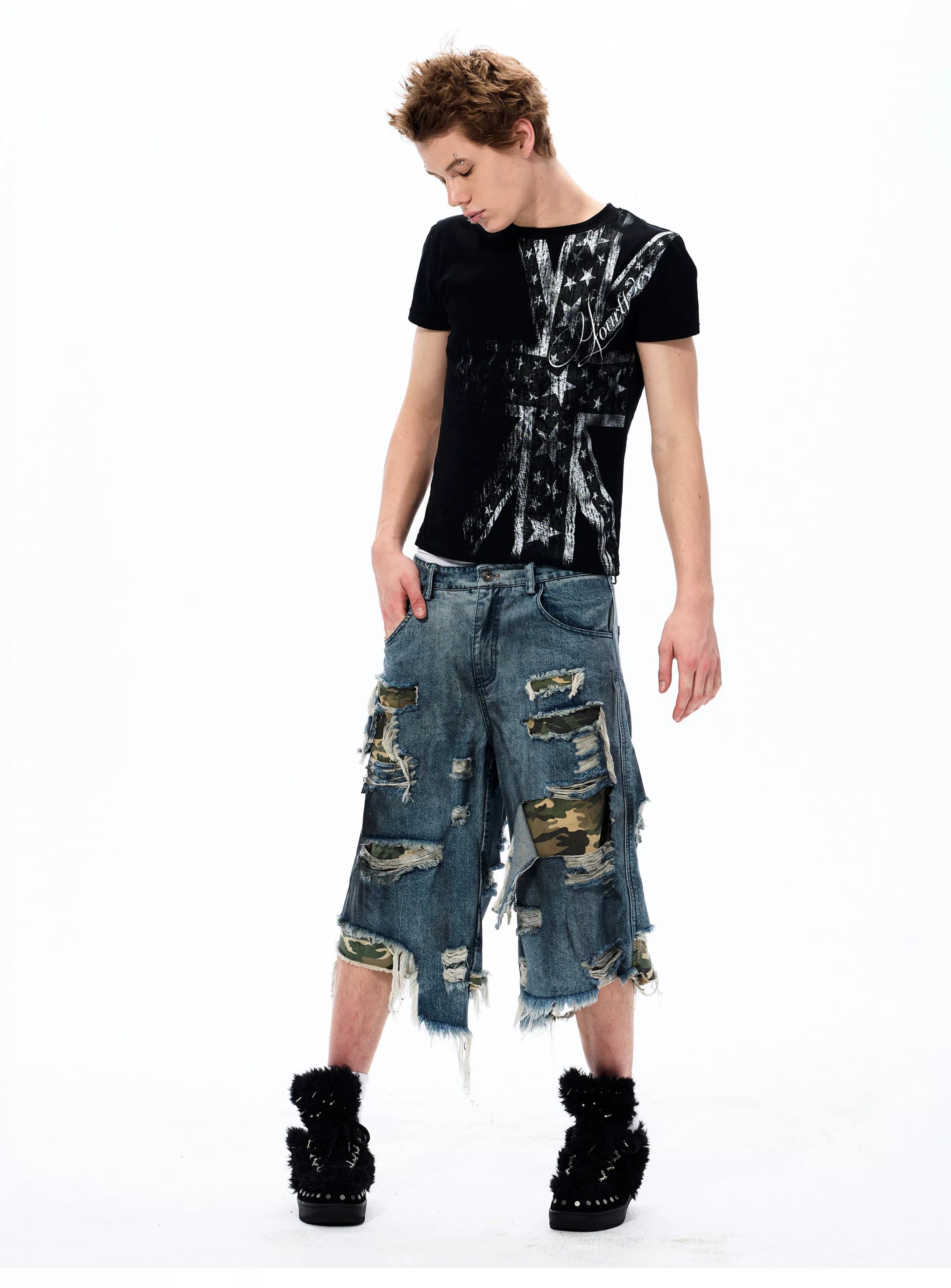 Street Style Splatter Ripped Cropped Pants