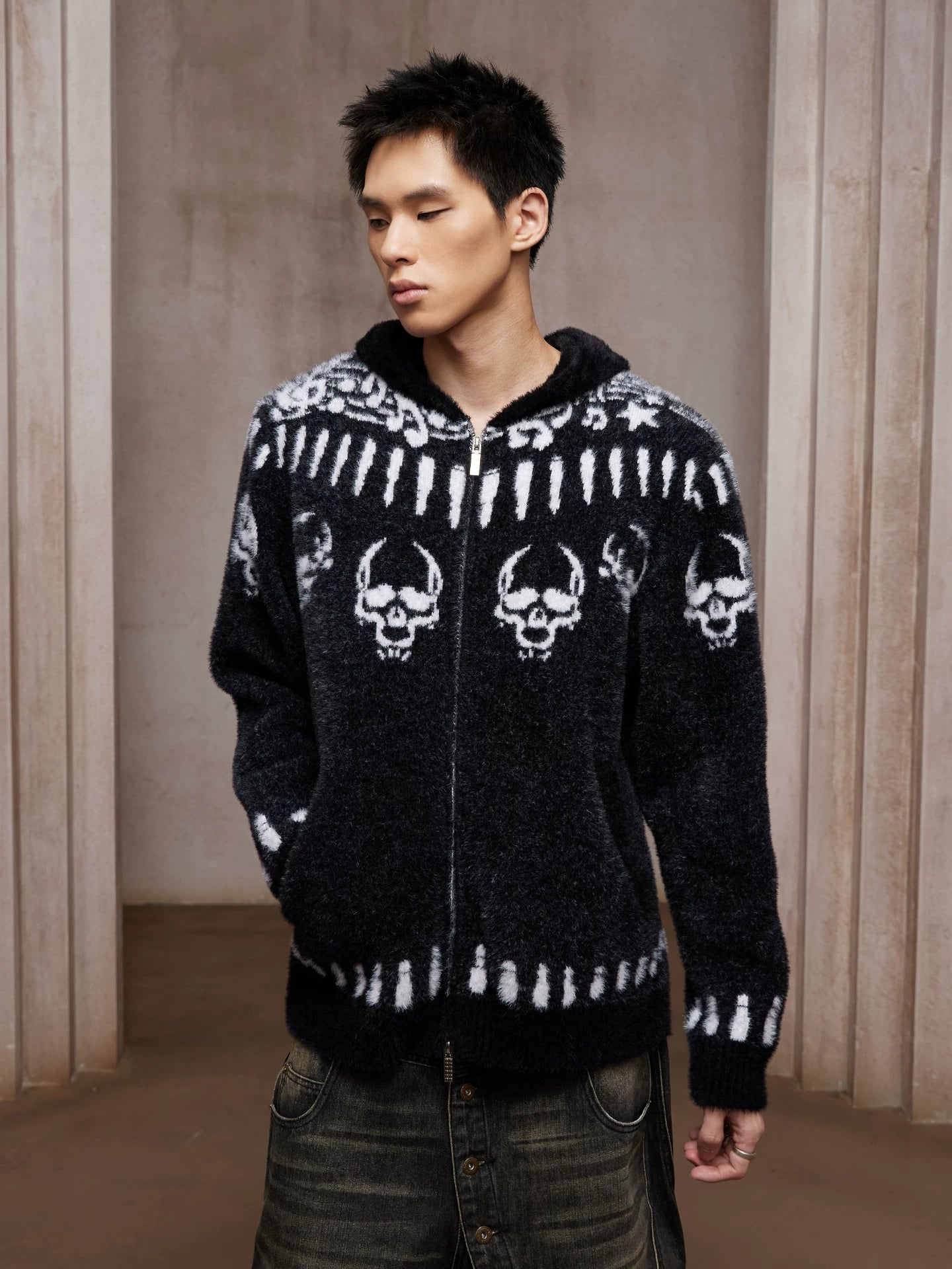 Printed Faux Fur Zip Hoodie Coat