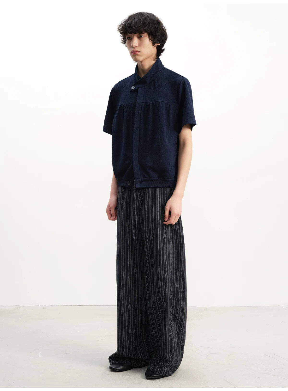 Navy Blue Pleated Short Sleeve Shirt