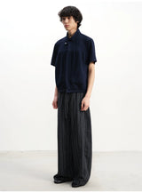 Navy Blue Pleated Short Sleeve Shirt