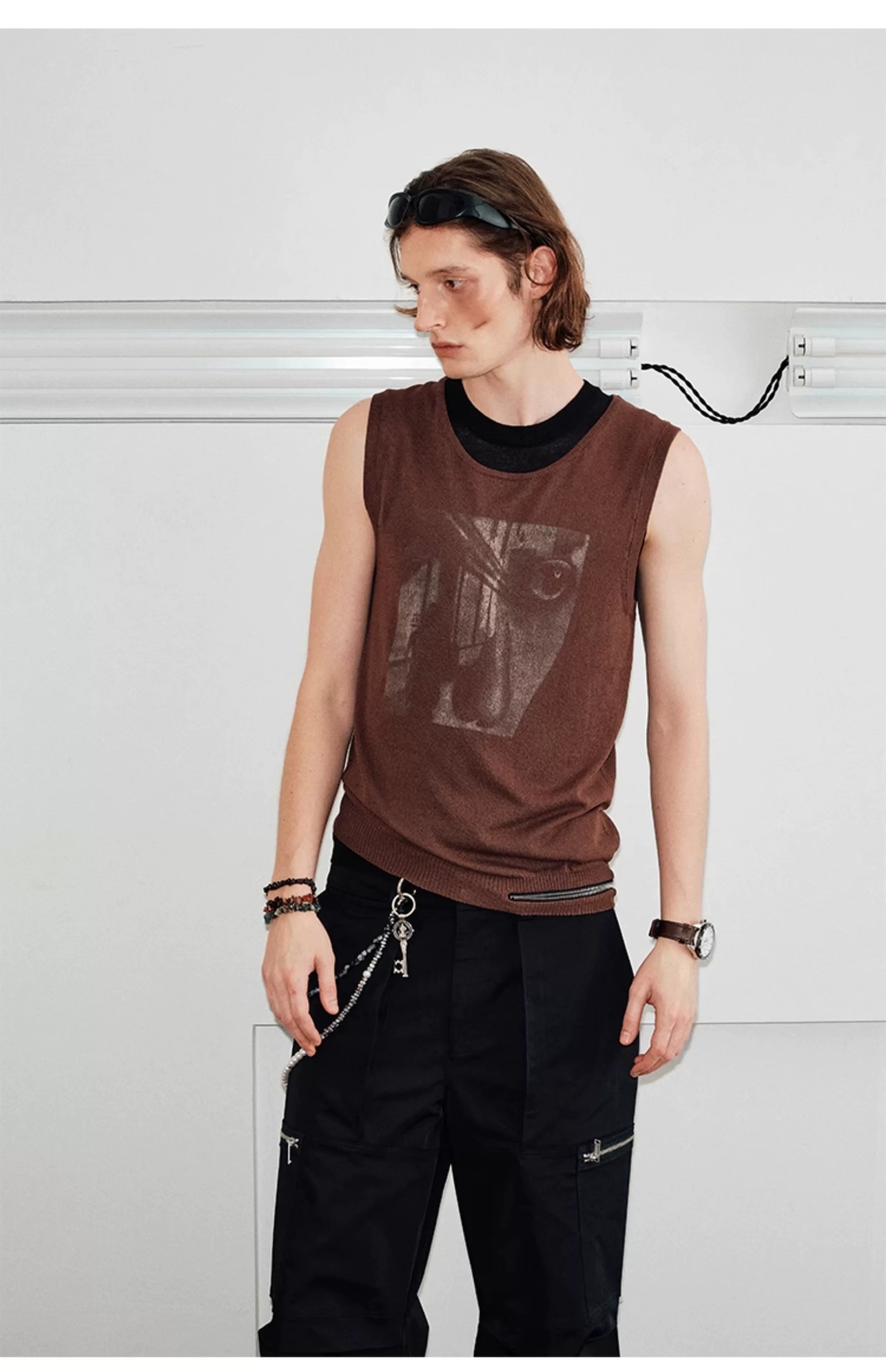 Men's Sleeveless Printed Linen-like Zip Vest