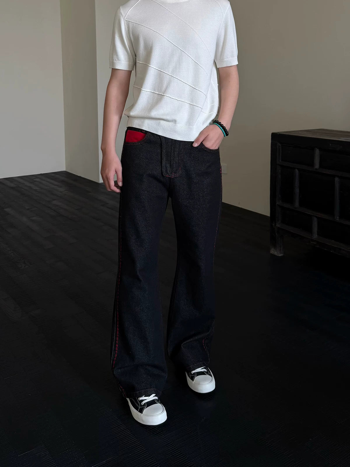 Men's Embroidered Flared Raw Denim Jeans