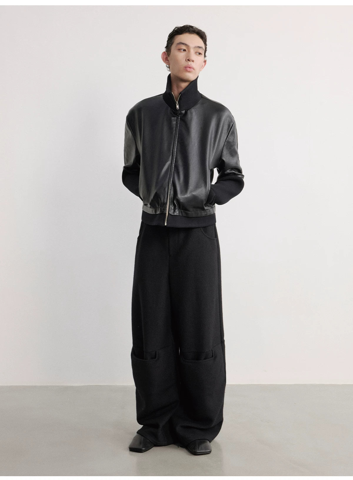 Black Ribbed Cuff Faux Leather Jacket