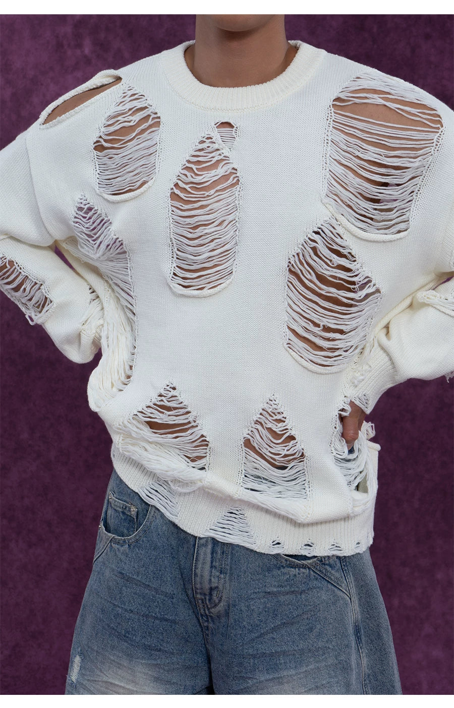 Black White Ripped Cutout Knit Sweater