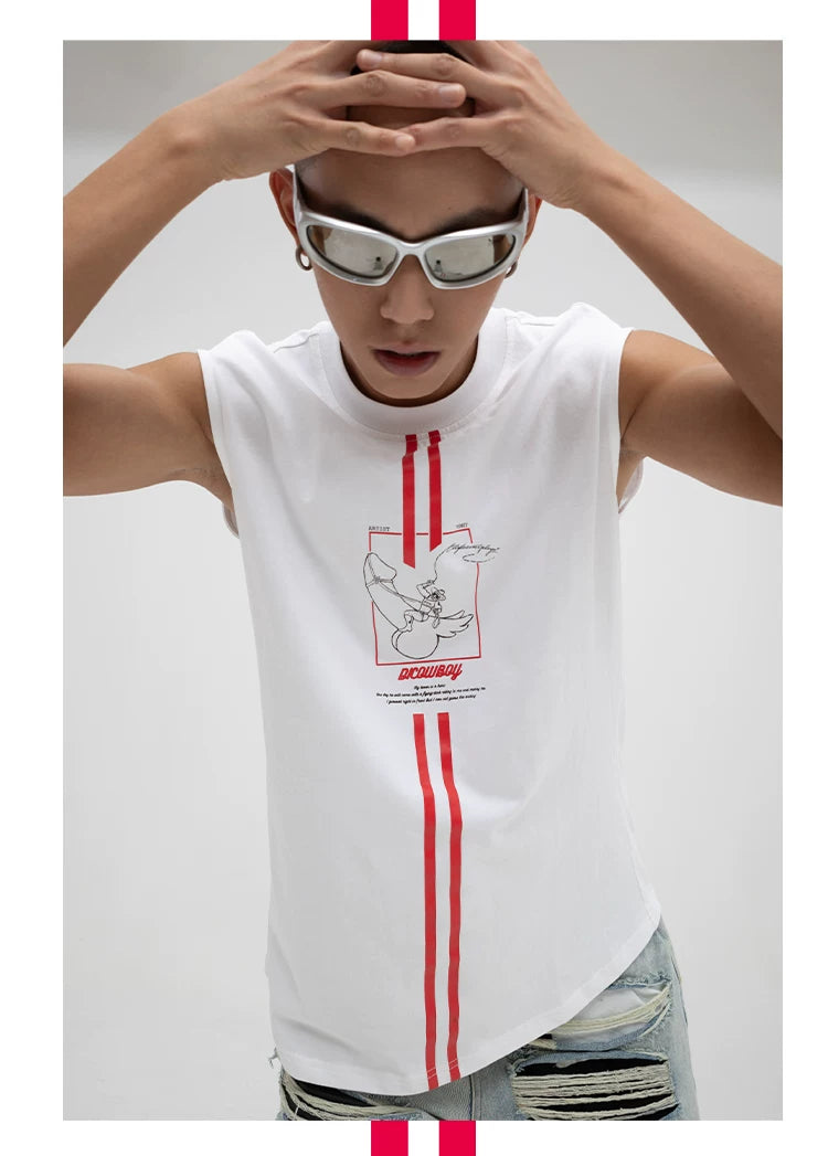 Men's White Loose Hand-Printed Tank Tops