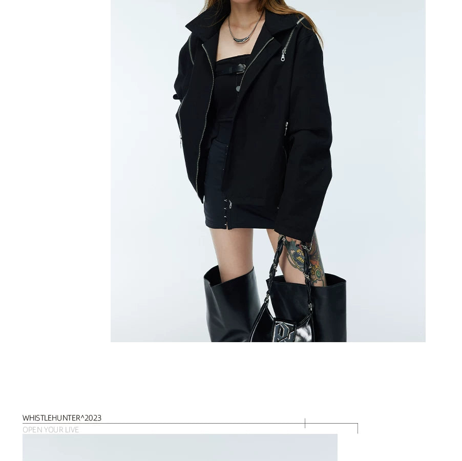 Unisex Two-Tone Irregular Short Multi-Zip Jackets