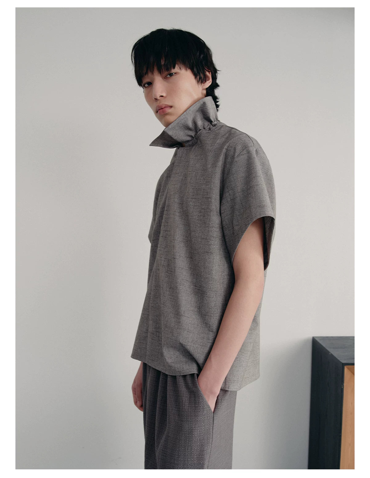 Ruffled Collar Cotton Linen Buttoned Shirt