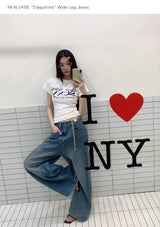 Wide Leg Cuffed Washed Jeans