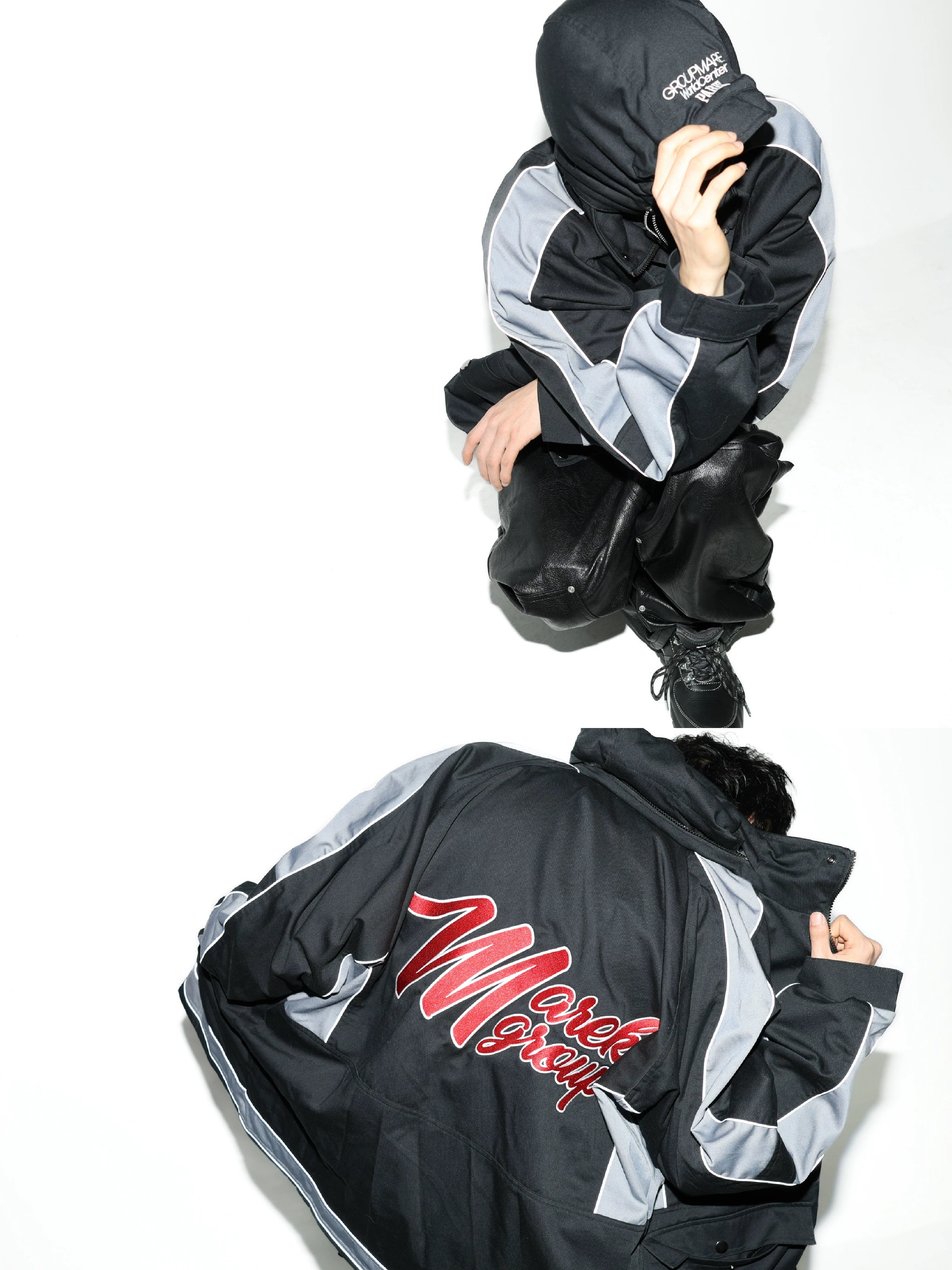 Black Patchwork Embroidered Mid-length Parka