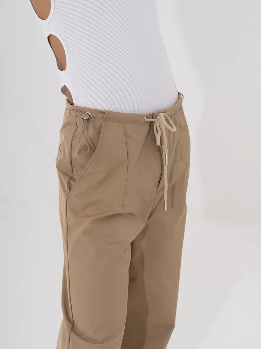Black Khaki Drawstring Wide Leg Pants