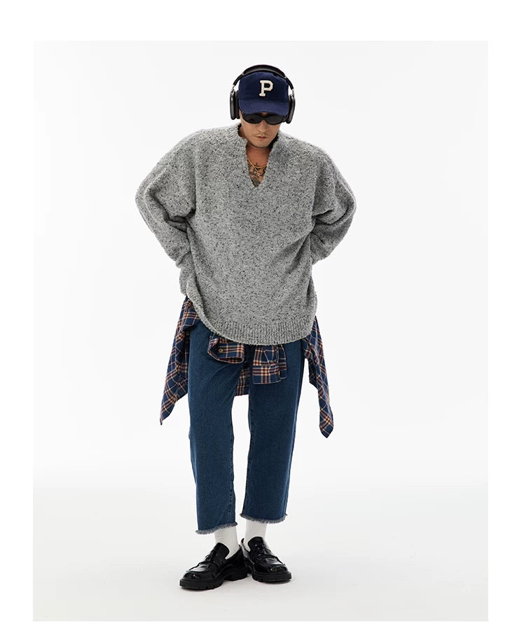 Unisex Grey V-Neck Boucle Sweater