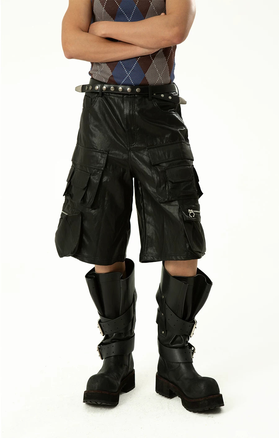 Men's Black Red PU Cargo Shorts