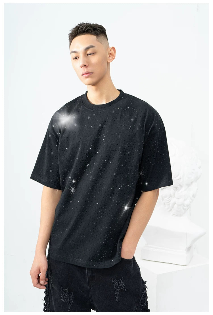 Unisex Black Loose Rhinestone Short-Sleeve Tee