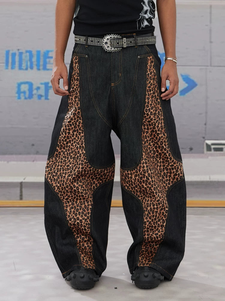Leopard Cross Patchwork Baggy Curved Jeans