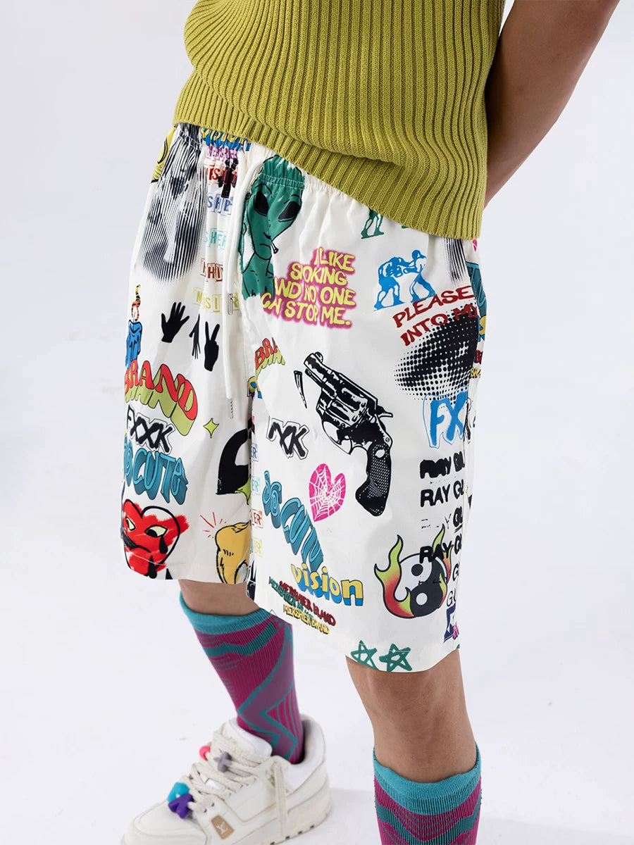Men's Loose Drawstring Graffiti Beach Shorts