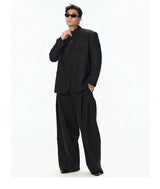 Black Striped Wool Stand Collar Blazer