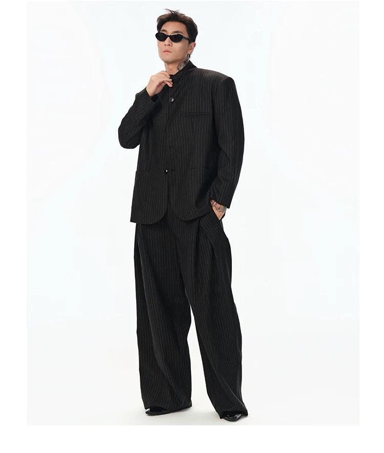 Black Striped Wool Stand Collar Blazer