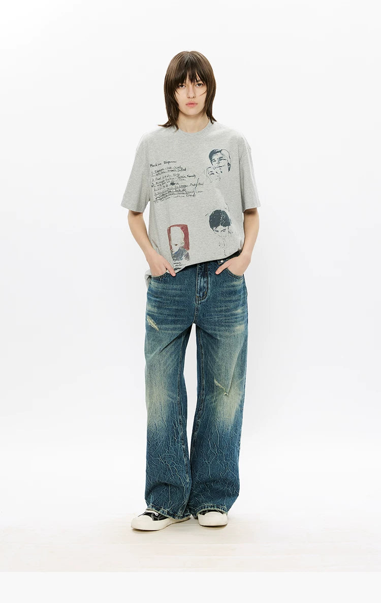 Washed Blue Gray Straight Leg Jeans