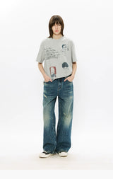 Washed Blue Gray Straight Leg Jeans