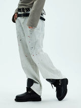 White Double Waistband Studded Straight Jeans