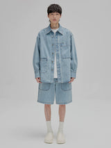 14Oz Washed Denim Asymmetric-Pocket Shirt Jacket
