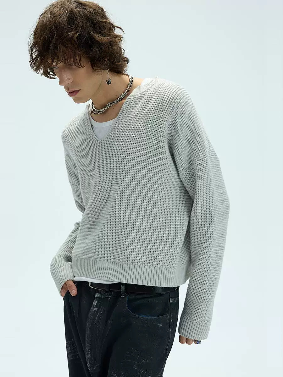 V-Neck Three-Color Waffle Lace Knit Sweater