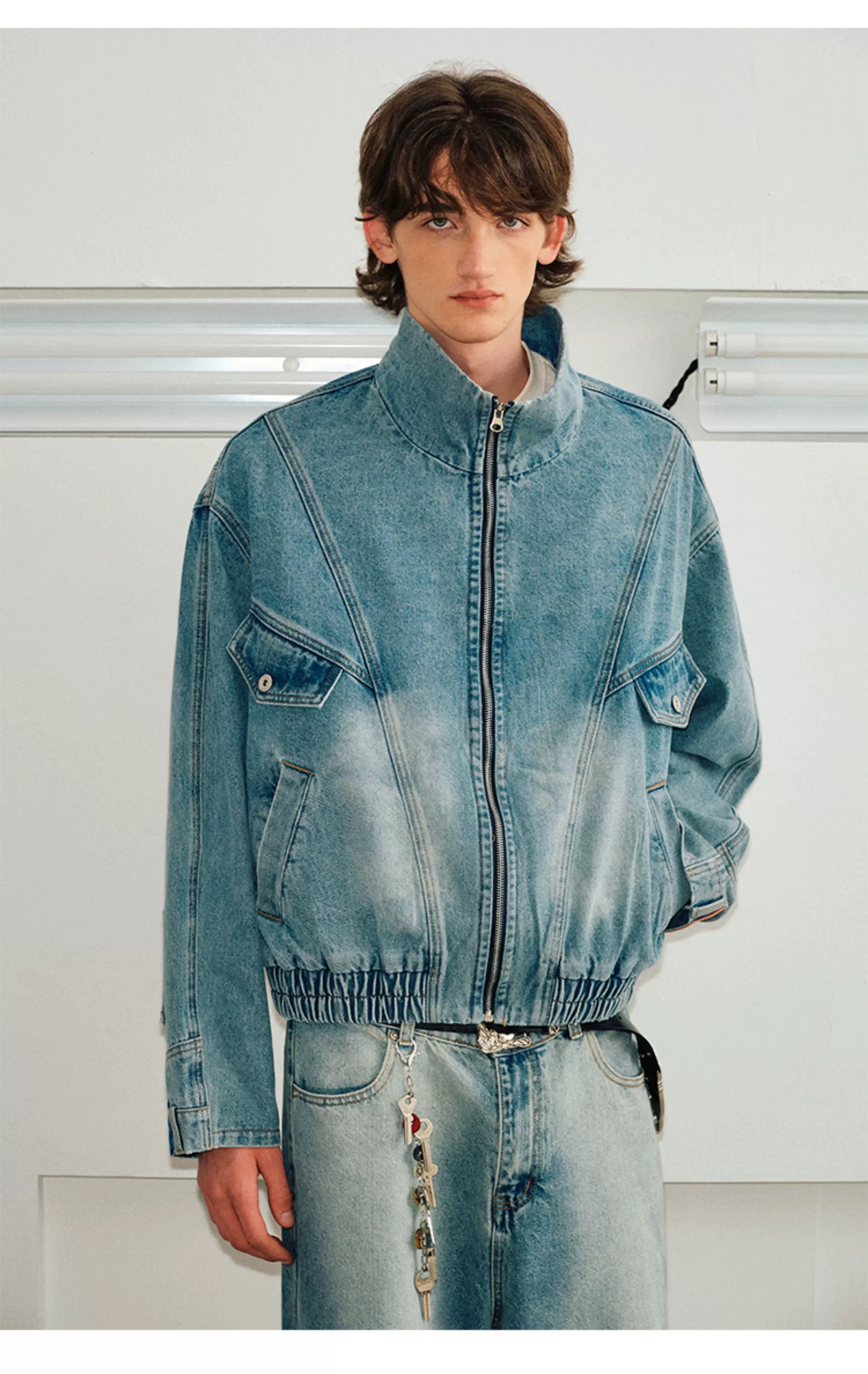 Men's Washed Denim Stand Collar Jacket