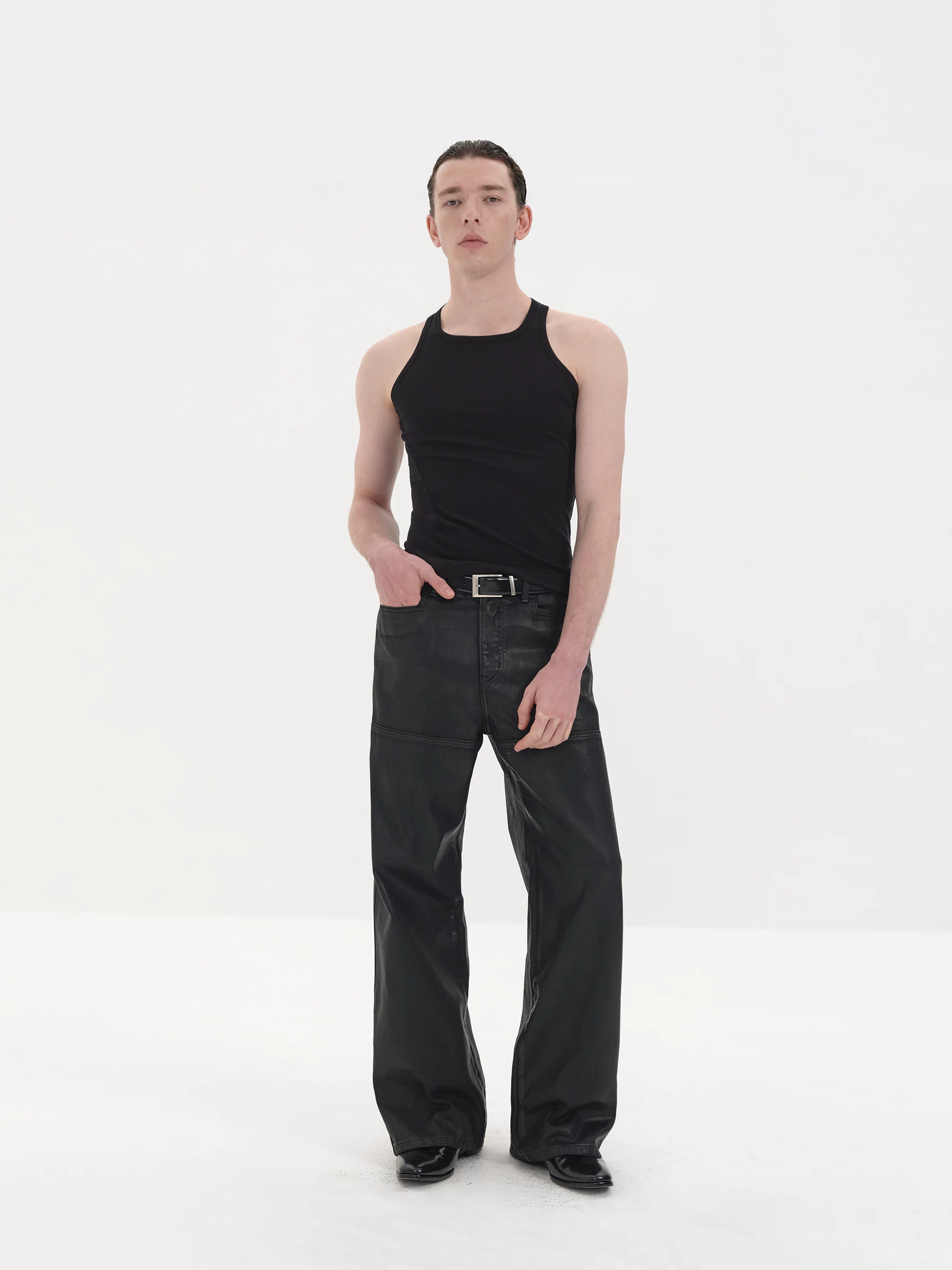 Fitting Waxed Leather Patchwork Straight Jeans